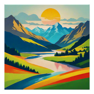 Retro Mountain Landscape Illustration Colourful Poster