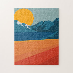 Retro Mountain Landscape Illustration Red Blue Jigsaw Puzzle