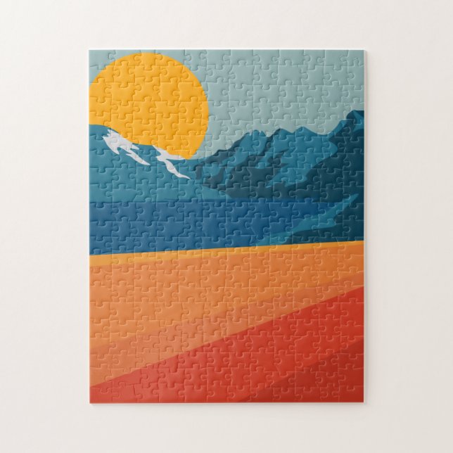 Retro Mountain Landscape Illustration Red Blue Jigsaw Puzzle (Vertical)