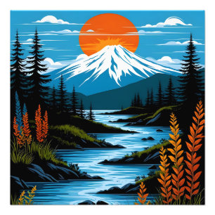 Retro Mountain Landscape Illustration Red Blue Photo Print
