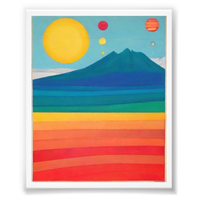 Retro Mountain Landscape Illustration Red Blue Pos Photo Print (Front)