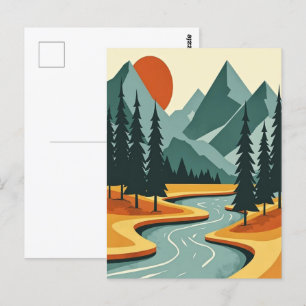 Retro Mountain Landscape Illustration Red Blue Postcard