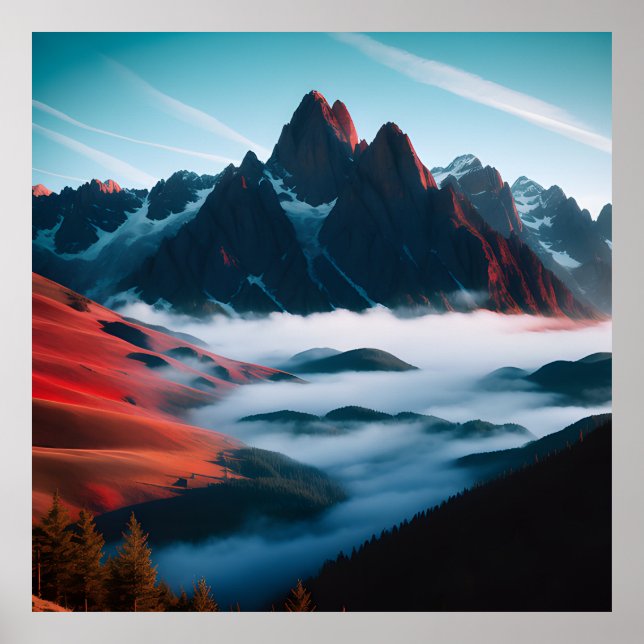 Retro Mountain Landscape Illustration Red Blue Poster (Front)