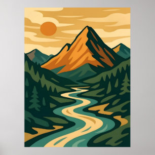 Retro Mountain Landscape Illustration Red Blue Poster