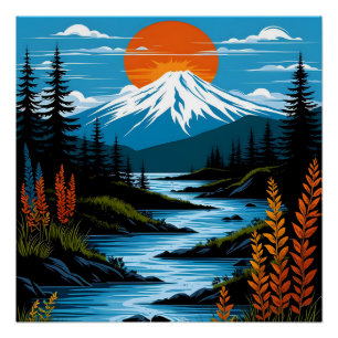 Retro Mountain Landscape Illustration Red Blue Poster