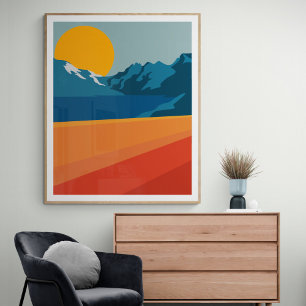 Retro Mountain Landscape Illustration Red Blue Poster