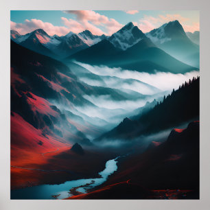 Retro Mountain Landscape Illustration Red Blue Poster