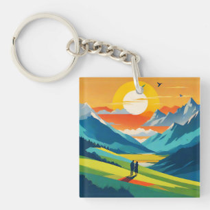 Retro Mountain Landscape Love Key Ring