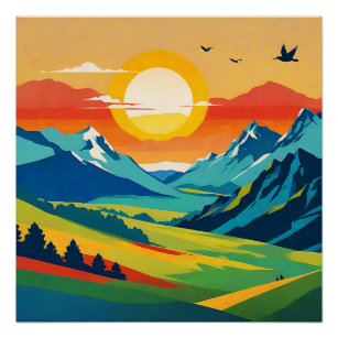 Retro Mountain Landscape Nature Illustration  Poster
