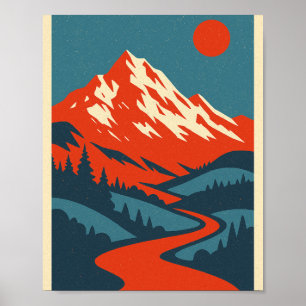 Retro Mountain Landscape   Red and Blue Vintage Po Poster