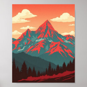 Retro Mountain Landscape Red Blue Poster