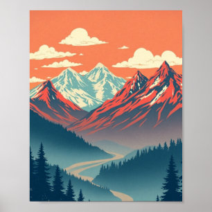 Retro Mountain Landscape Red Blue Poster