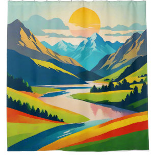 Retro Mountain Landscape Shower Curtain