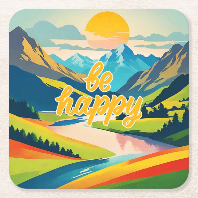 Retro Mountain Landscape Square Paper Coaster (Front)