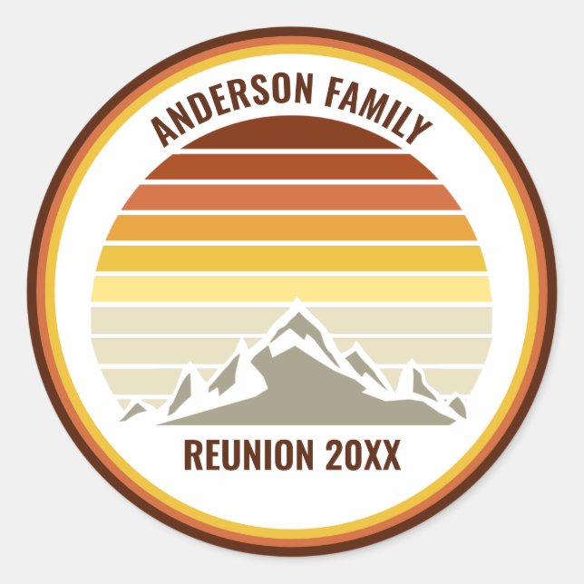 Retro Mountain Sunset Custom Family Reunion Party Classic Round Sticker (Front)