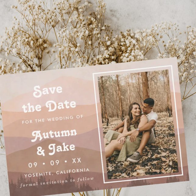 Retro Mountains Dusty Pink Photo Wedding Save The Date (Creator Uploaded)