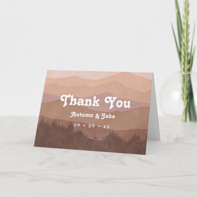 Retro Mountains & Forest  Dusty Pink Wedding Thank You Card (Front)