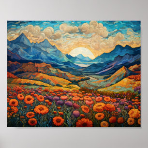 Retro Mountains Landscape Illustration Artistic Poster