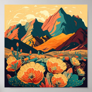 Retro Mountains Landscape Illustration Artistic Poster