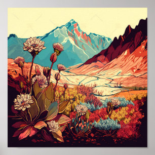 Retro Mountains Landscape Illustration Artistic Poster