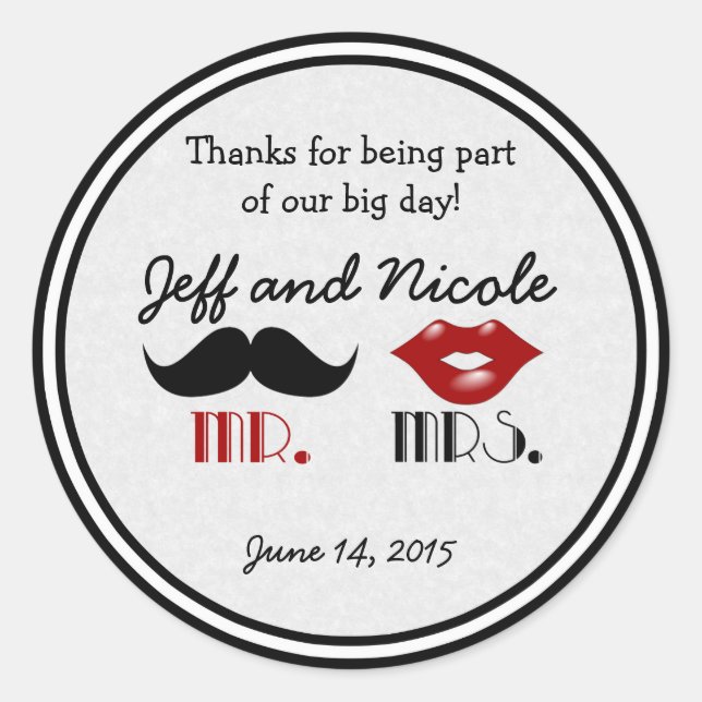 Retro Moustache Custom Wedding Classic Round Sticker (Front)