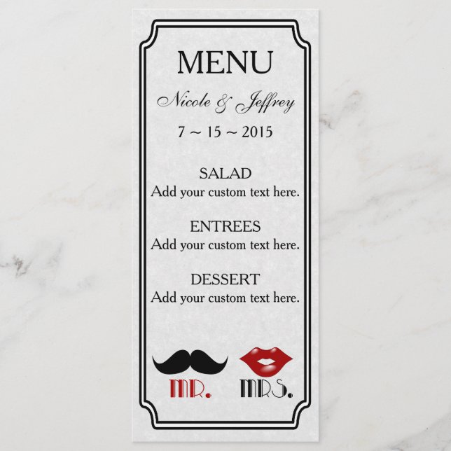 Retro Moustache Custom Wedding Menu (Front)