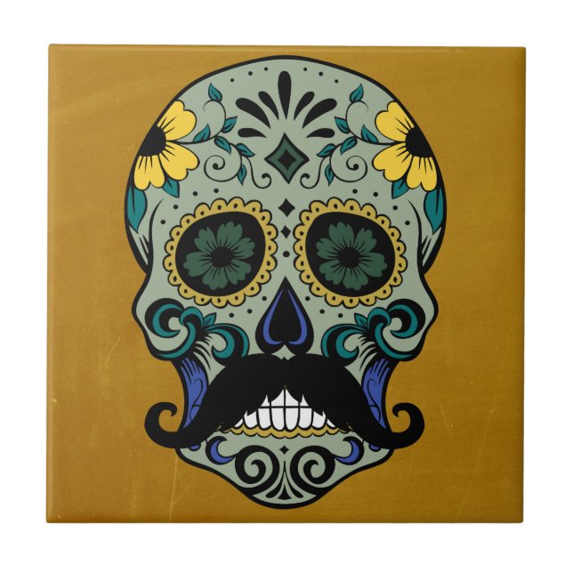 Retro Moustache Day of the Dead Sugar Skull Tile (Front)