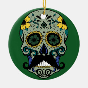 Retro Moustache Sugar Skull Ceramic Tree Decoration