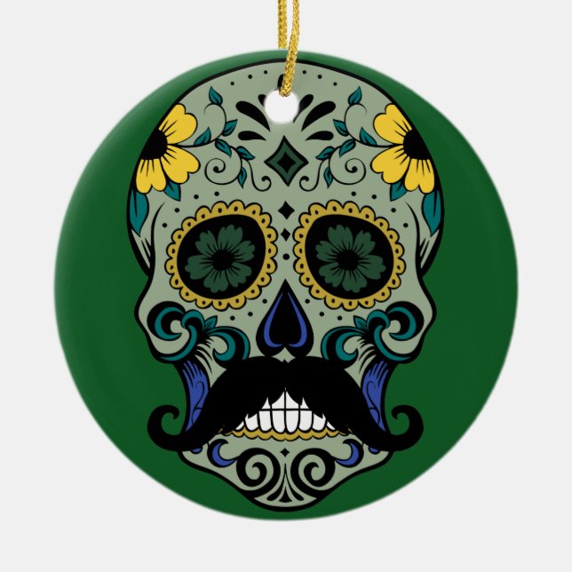 Retro Moustache Sugar Skull Ceramic Tree Decoration (Front)