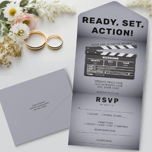 Retro Movie Film Clap Board Grey Wedding All In One Invitation