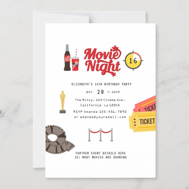 Retro Movie Night Birthday Party Magnetic Invitation (Front)