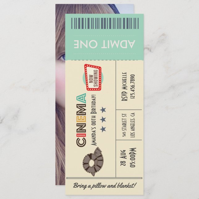 Retro Movie Ticket Birthday Party Photo Invite (Front/Back)