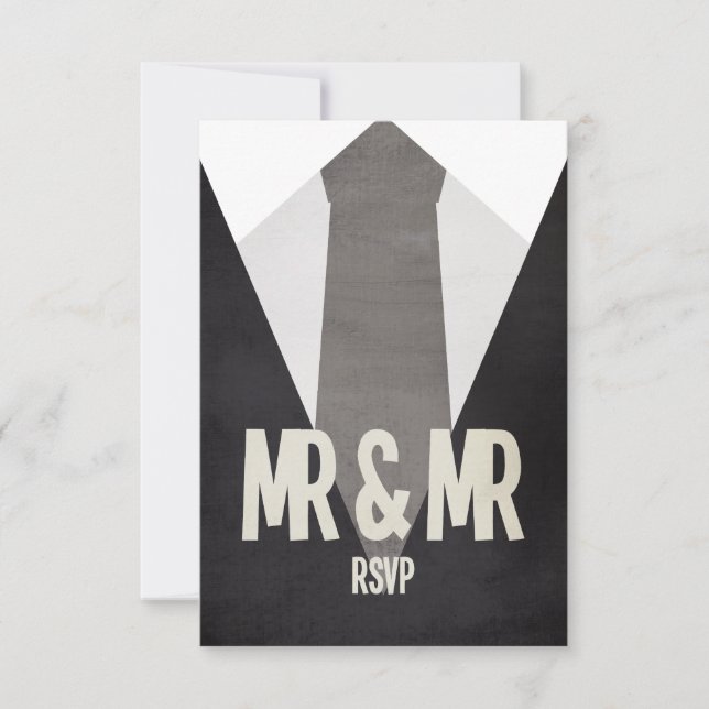 Retro Mr & Mr Suit & Tie Wedding RSVP (Front)