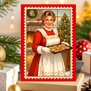 Retro Mrs. Claus Christmas Postage Stamp Holiday Card