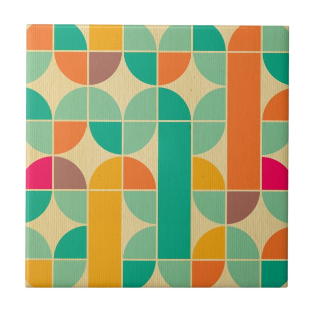 Retro multi colour trendy 70's pattern funky fun tile (Front)