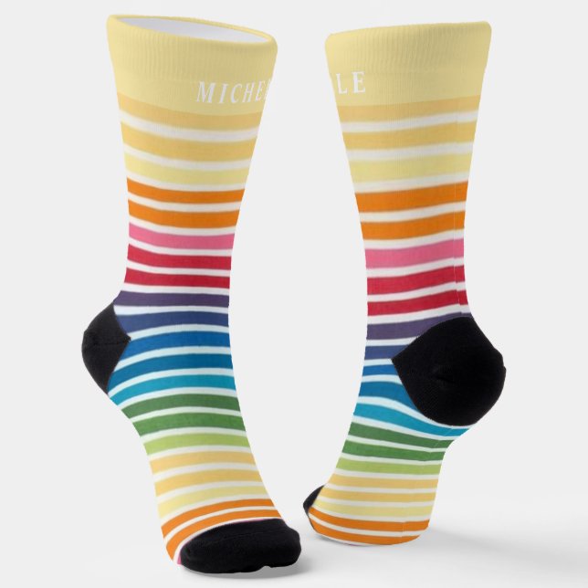 Retro Multicolor Lines Striped For Custom Name  Socks (Angled)
