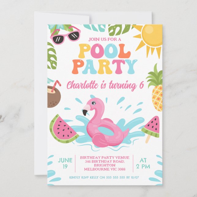 Retro Multicolored Summer Pool Party Birthday Invitation (Front)