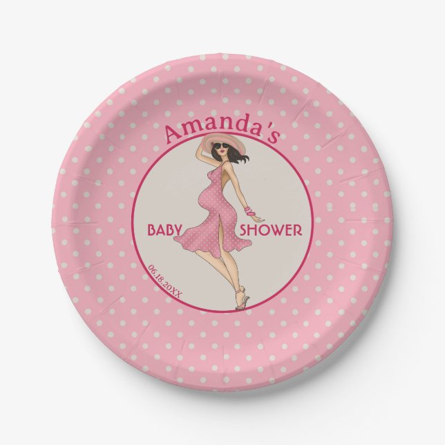 Retro Mum Brunette 2 Baby Shower Party Paper Plate (Front)