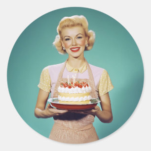 Retro Mum Holding a Celebration Cake Classic Round Sticker
