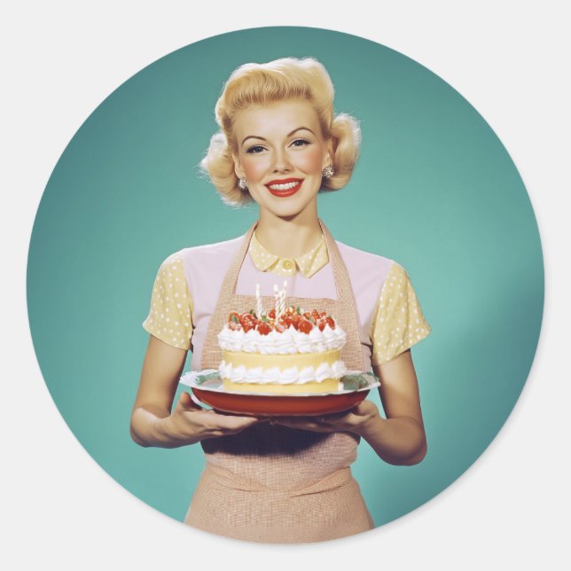 Retro Mum Holding a Celebration Cake Classic Round Sticker (Front)