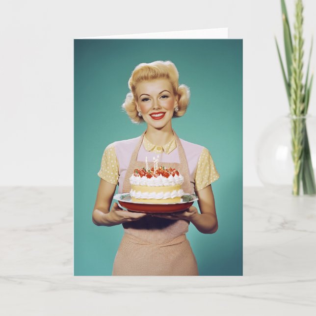 Retro Mum Holding a Celebration Cake Invitation (Front)