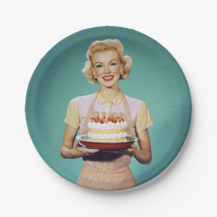 Retro Mum Holding a Celebration Cake Paper Plate