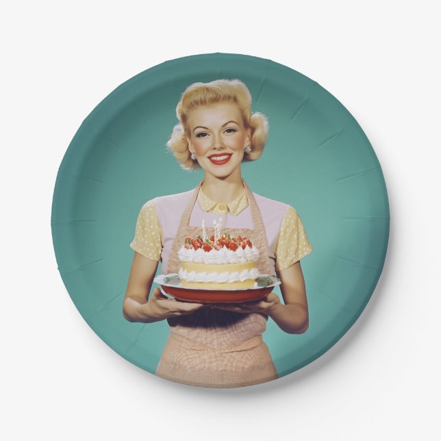 Retro Mum Holding a Celebration Cake Paper Plate (Front)