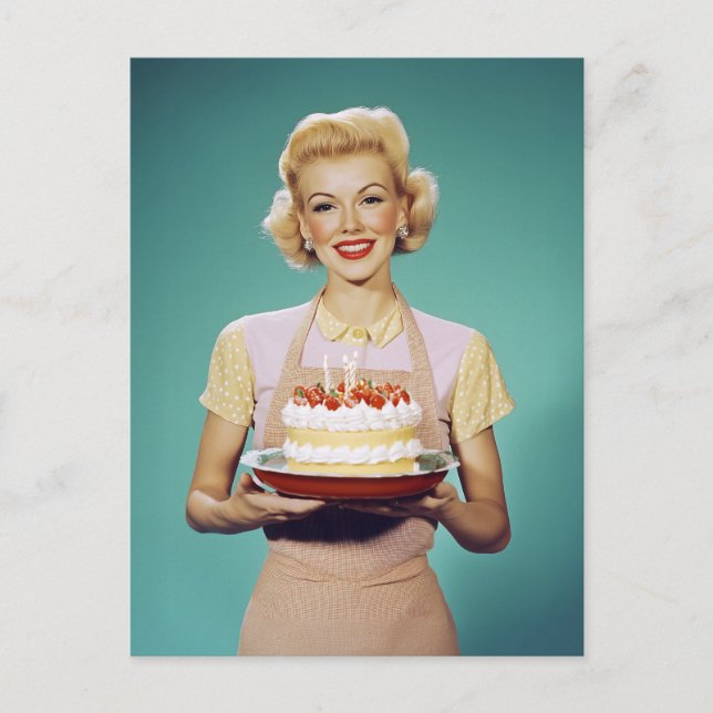 Retro Mum Holding a Celebration Cake Postcard (Front)
