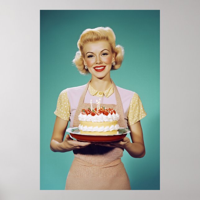 Retro Mum Holding a Celebration Cake Poster (Front)