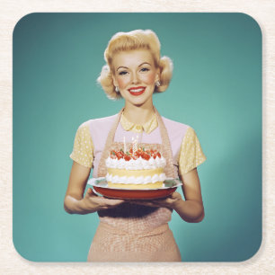 Retro Mum Holding a Celebration Cake Square Paper Coaster