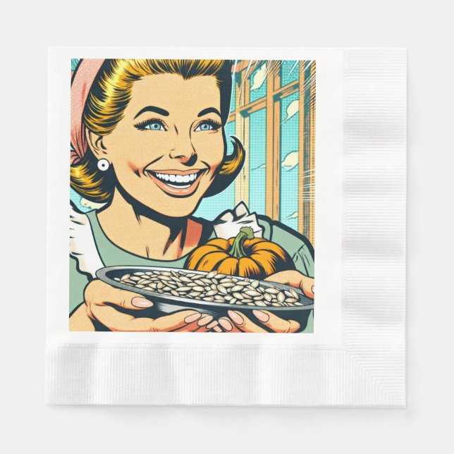 Retro Mum holding Plate of Halloween Pumpkin Seeds Napkin (Front)