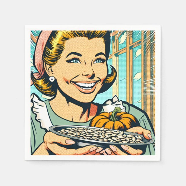 Retro Mum holding Plate of Halloween Pumpkin Seeds Napkin (Front)