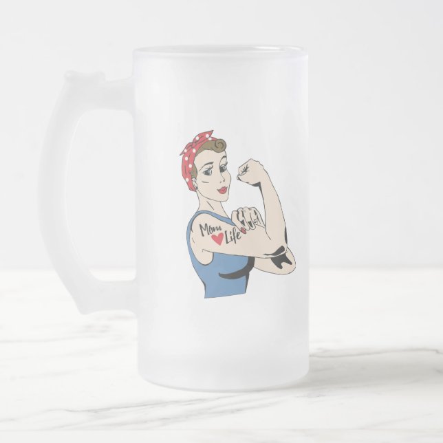 Retro Mum Life with Your Custom Text Frosted Glass Beer Mug (Left)