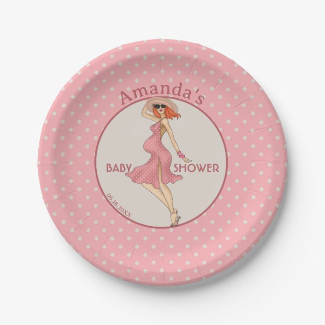 Retro Mum Redhead 2 Baby Shower Party Paper Plate (Front)